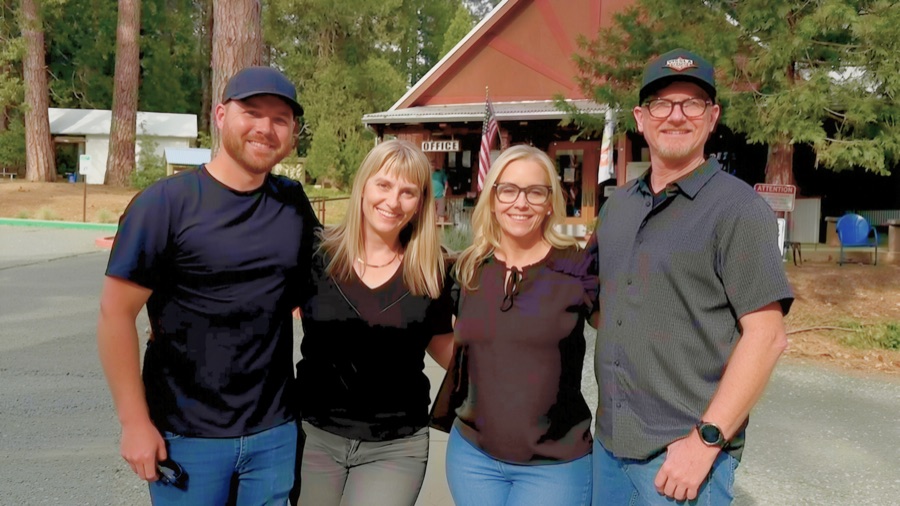 The Overland Collective team standing together in front of the Inn Town Campground office